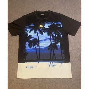 BUGATCHI Night Blue Palm Graphic Crew Neck S/S Men's Shirt NWT‎ $95 MEDIUM